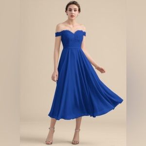 A-line Off the Shoulder Tea-Length Chiffon Lace Bridesmaid Dress
